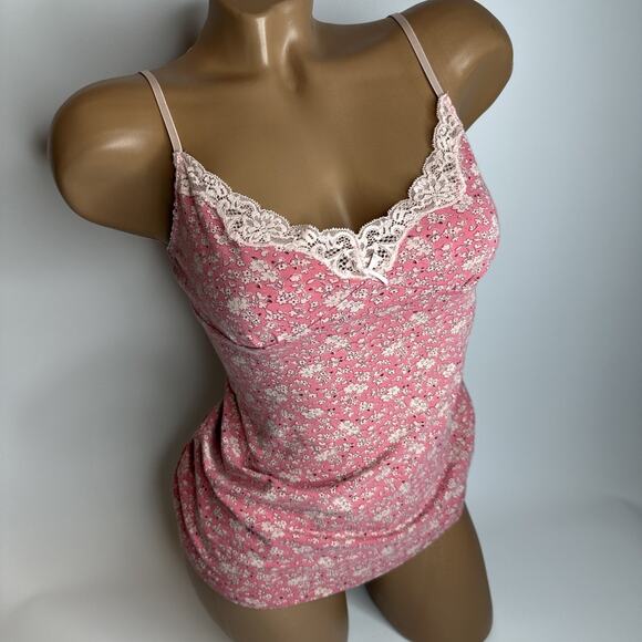 Uniqlo Pink Ditsy Floral Lace Trim Cami Tank Top Coquette Retro Y2K Bow Small - Picture 1 of 10